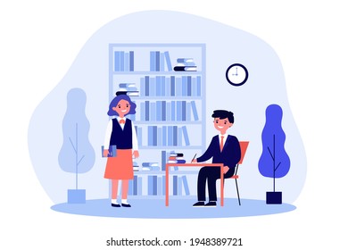 Cute little children learning in library and smiling. Book, school, study flat vector illustration. Education and knowledge concept for banner, website design or landing web page