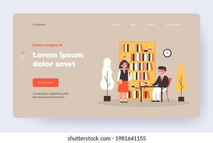 Cute little children learning in library and smiling. Book, school, study flat vector illustration. Education and knowledge concept for banner, website design or landing web page