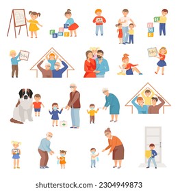 Cute Little Children Loving and Protecting Their Family Members Big Vector Set