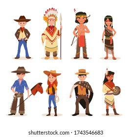 Cute little children in native Indian and western cowboy costumes.  Set of cartoon wildwest characters cowboy, sheriff. Wild west cartoon. Children playing in American Indians and Cowboys characters.