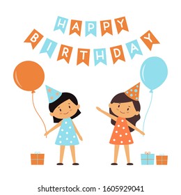 Cute little children on holiday. Happy birthday design elements.
