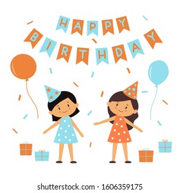 Cute little children on holiday. Happy birthday design elements.