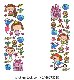 Cute little children play. Kindergarten, education, sport. Icons of kids and toys for patterns, banners, posters.