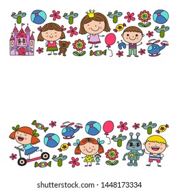 Cute little children play. Kindergarten, education, sport. Icons of kids and toys for patterns, banners, posters.