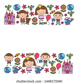 Cute little children play. Kindergarten, education, sport. Icons of kids and toys for patterns, banners, posters.