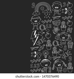 Cute little children play. Kindergarten, education, sport. Icons of kids and toys for patterns, banners, posters.
