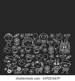 Cute little children play. Kindergarten, education, sport. Icons of kids and toys for patterns, banners, posters.