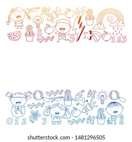 Cute little children play. Kindergarten, education, sport. Icons of kids and toys for patterns, banners, posters.