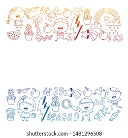 Cute little children play. Kindergarten, education, sport. Icons of kids and toys for patterns, banners, posters.