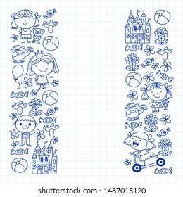 Cute little children play. Kindergarten, education, sport. Icons of kids and toys for patterns, banners, posters.