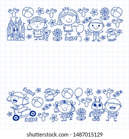 Cute little children play. Kindergarten, education, sport. Icons of kids and toys for patterns, banners, posters.