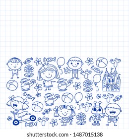 Cute little children play. Kindergarten, education, sport. Icons of kids and toys for patterns, banners, posters.