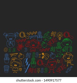 Cute little children play. Kindergarten, education, sport. Icons of kids and toys for patterns, banners, posters.