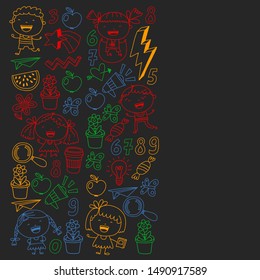 Cute little children play. Kindergarten, education, sport. Icons of kids and toys for patterns, banners, posters.