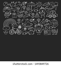 Cute little children play. Kindergarten, education, sport. Icons of kids and toys for patterns, banners, posters.