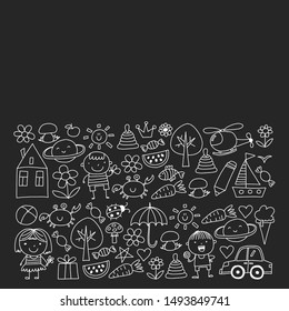 Cute little children play. Kindergarten, education, sport. Icons of kids and toys for patterns, banners, posters.