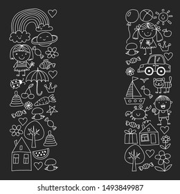 Cute little children play. Kindergarten, education, sport. Icons of kids and toys for patterns, banners, posters.