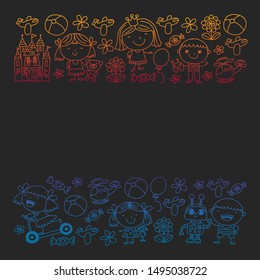 Cute little children play. Kindergarten, education, sport. Icons of kids and toys for patterns, banners, posters.