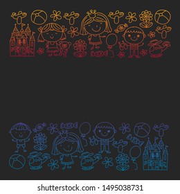 Cute little children play. Kindergarten, education, sport. Icons of kids and toys for patterns, banners, posters.