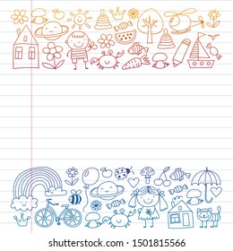 Cute little children play. Kindergarten, education, sport. Icons of kids and toys for patterns, banners, posters.