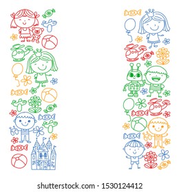 Cute little children play. Kindergarten, education, sport. Icons of kids and toys for patterns, banners, posters.