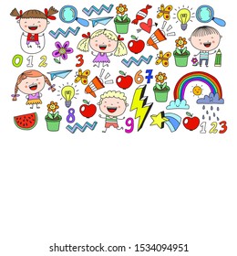 Cute little children play. Kindergarten, education, sport. Icons of kids and toys for patterns, banners, posters.