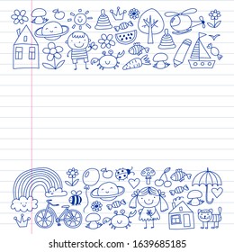 Cute little children play. Kindergarten, education, sport. Icons of kids and toys for patterns, banners, posters.