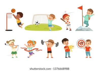 Cute little children playing different sports, footbal, soccer, golf, basketball, baseball, archery, mountaineering sport vector Illustrations on a white background