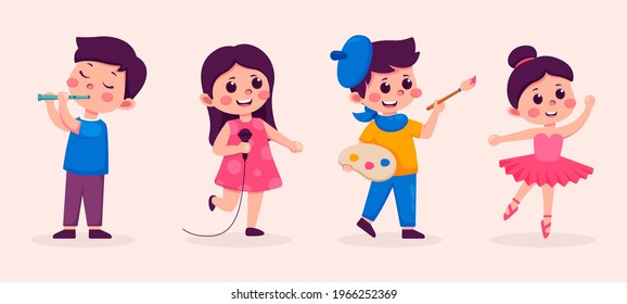 Cute little children playing different hobby, playing a musical instrument, singer, painting, balleriana vector Illustrations