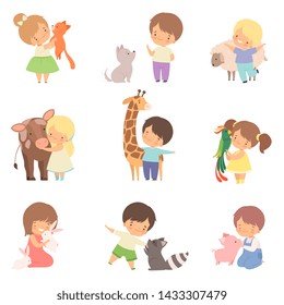 Cute Little Children Playing with Playing and Hugging Animals, Kid Interacting with Animal in Contact Zoo Cartoon Vector Illustration