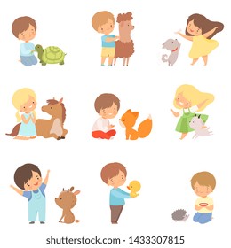 Cute Little Children Playing With Playing, Hugging And Feeding Animals, Kid Interacting With Animal In Contact Zoo Cartoon Vector Illustration