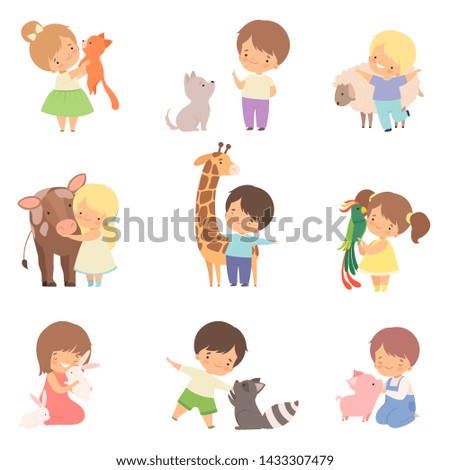 Cute Little Children Playing with Playing and Hugging Animals, Kid Interacting with Animal in Contact Zoo Cartoon Vector Illustration