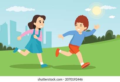 Cute Little Children Are Playing In The Park Together. Happy Kids Are Having Fun. Run And Chase Each Other