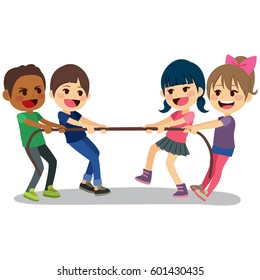 Cute little children playing with rope tug of war having fun