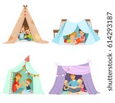 Cute little children playing with a teepee tent, set for label design. Cartoon detailed colorful Illustrations