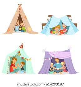 Cute little children playing with a teepee tent, set for label design. Cartoon detailed colorful Illustrations