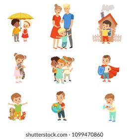 Cute Little Children Protecting Their Family, Friends, Animals And The Planet Set Vector Illustrations Isolated On A White Background.