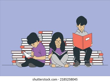 Cute little children reading books.  Adorable little child, boy, girl sitting in a book store, reading books
