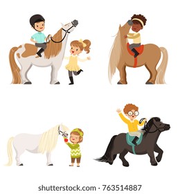 Cute little children riding ponies and taking care of their horses set, equestrian sport, vector Illustrations