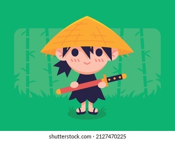 cute little children samurai with a katana in a bamboo forest 