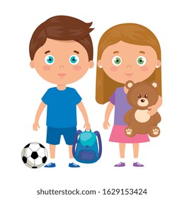 cute little children with school bag and toys vector illustration design