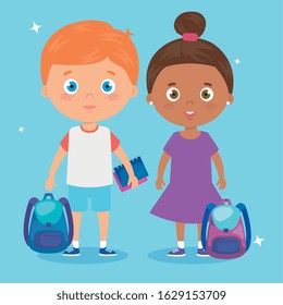 cute little children with school bag and toys vector illustration design