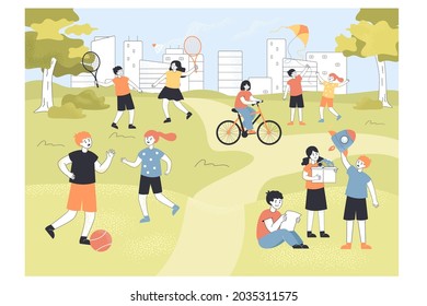 Cute little children spending time in park or summer camp. Kids playing football and badminton on playground flat vector illustration. Childhood, outdoor activity concept for banner, website design