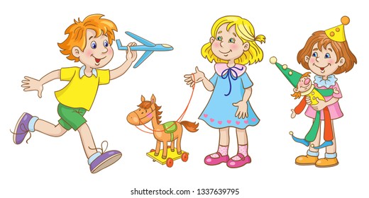 Cute little children with their toys.  In cartoon style. Isolated on white background. Vector illustration