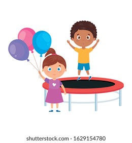 cute little children with trampoline jump and balloons helium vector illustration design