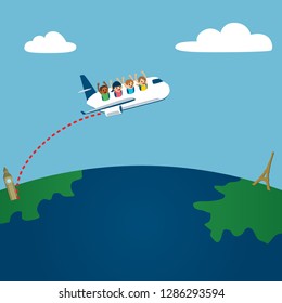 Cute little children traveling on plane from London to Paris