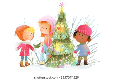 Cute little children wearing winter clothes and decorated Christmas tree. Happy winter holidays greeting card. Kids boys and girls decorating Christmas tree. Vector design illustration for kids