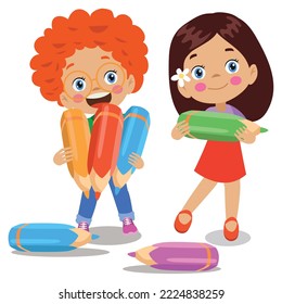 cute little childrens holding a pencil