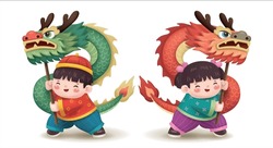 Cute Little Chinese Boy And Girl Performing Dragon Dance On White Background
