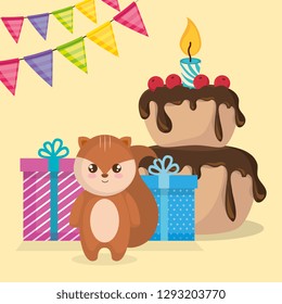 cute and little chipmunk with cake and gift